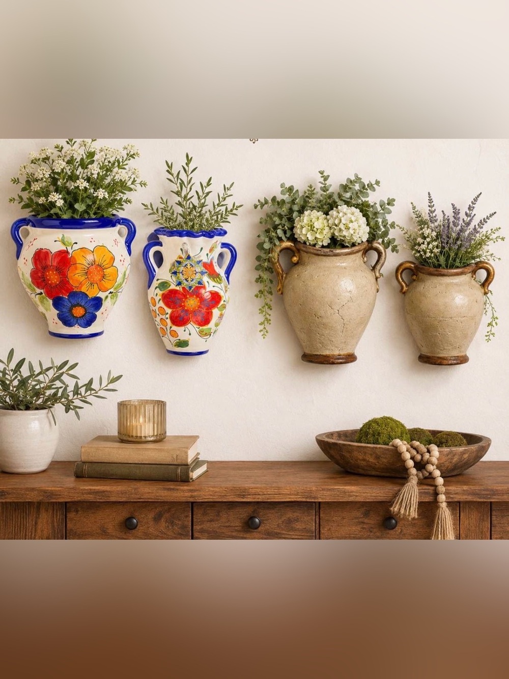 Hand-Painted Ceramic Wall Vase - Blue & Multicolor Floral - 2set terracotta